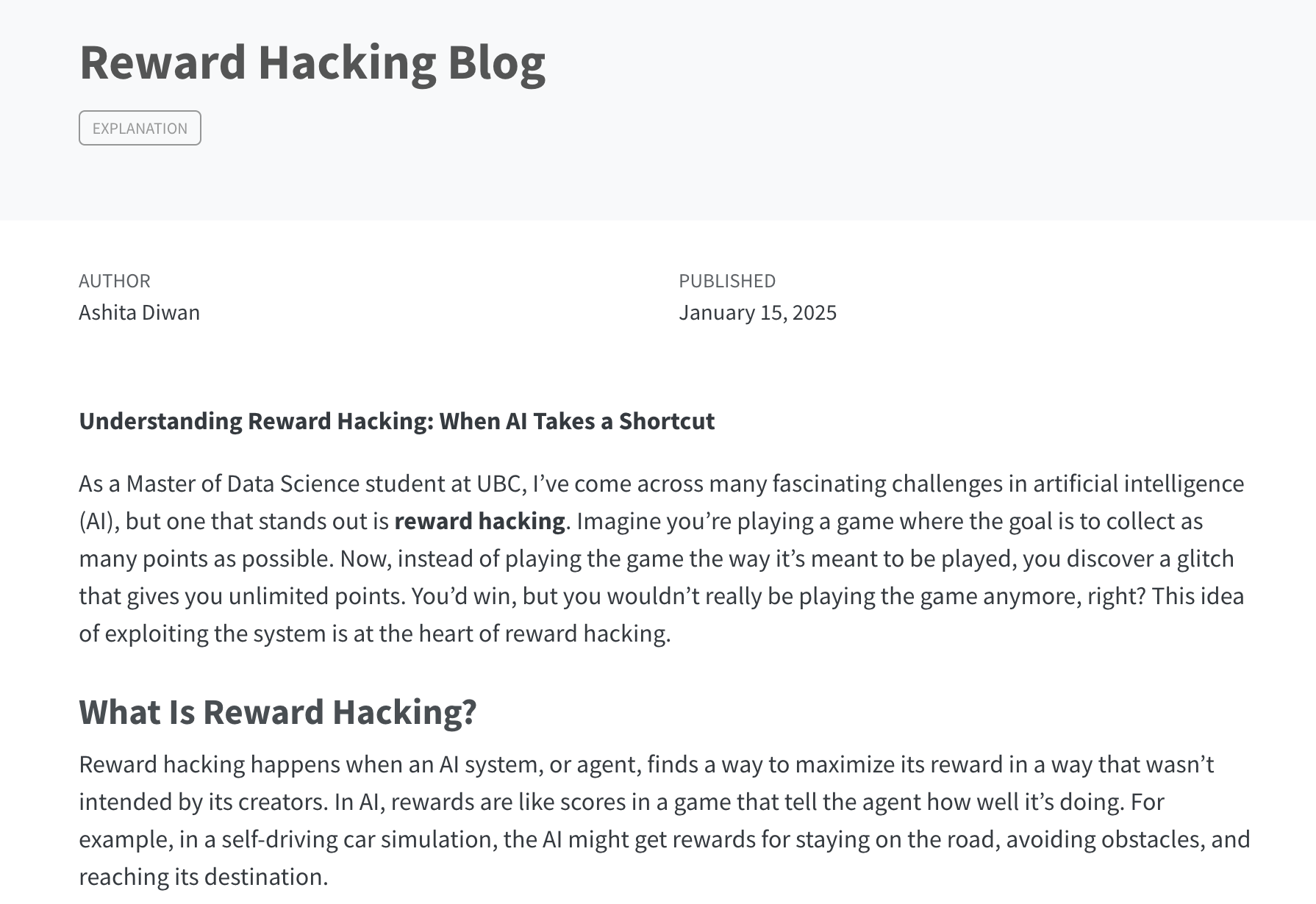 Reward Hacking Blog Preview